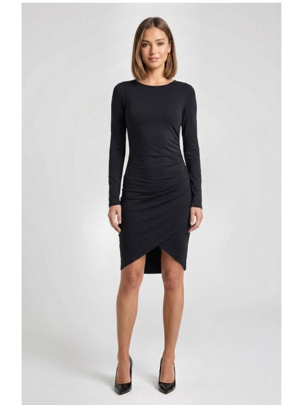 Leith Long Sleeve Ruched Asymmetrical Dress, Black, Womens Size Small